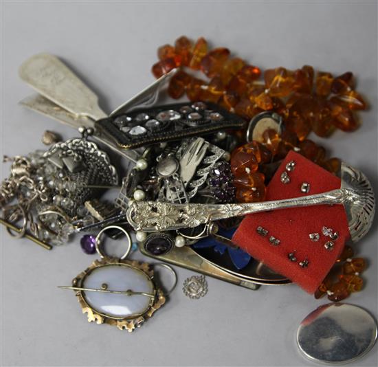Sundry costume jewellery, silver spoons and charm bracelet etc.